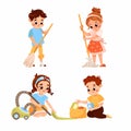 Little Boy and Girl Cleaning Sweeping, Vacuum Cleaning, Mopping the Floor and Gathering Toys Vector Set
