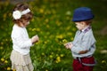 Little boy and girl with dandelions Royalty Free Stock Photo
