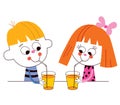 Little boy and girl drinking juice