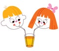 Little boy and girl drinking juice retro style Royalty Free Stock Photo