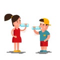 Little boy and girl drinks water vector illustration. Kids drinking clean isolated on white background Royalty Free Stock Photo