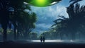 A little boy and girl at dusk walk along the wet highway, over which an alien UFO flies. For sci-fi, futuristic, sci-fi