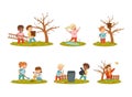 Little Boy and Girl Enjoying Spring Season Walking, Gathering Garbage and Splashing in Puddle Vector Set Royalty Free Stock Photo