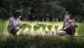 Little boy and girl farmer on green fields Royalty Free Stock Photo