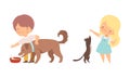 Little Boy and Girl Feeding Dog Pet and Playing with Cat Vector Set Royalty Free Stock Photo