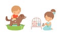 Little Boy and Girl Feeding Rat in Cage and Grooming Dog Washing It with Sponge Vector Set