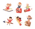 Little Boy and Girl Flying on Book and Pencil Ready to Study Vector Illustration Set Royalty Free Stock Photo