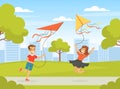 Little Boy and Girl Flying Kite Holding It by String Playing Outdoor Vector Illustration