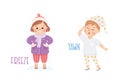 Little Boy and Girl Freezing and Yawning Demonstrating Vocabulary and Verb Studying Vector Set