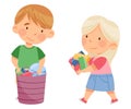 Little Boy and Girl Gathering Toys in Basket in Kindergarden Vector Illustration Royalty Free Stock Photo