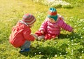 Little boy and girl in hats sitting on the field with soft toys in summer Royalty Free Stock Photo