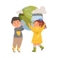 Little Boy and Girl Hugging Green Globe or Earth Caring About Nature Vector Illustration