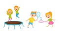 Little Boy and Girl Jumping on Trampoline and Playing Badminton Vector Illustration Set Royalty Free Stock Photo