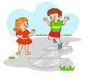 Little boy and girl jumping up Playing hopscotch. Vector illustration ,cartoon flat style Royalty Free Stock Photo