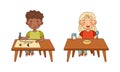 Little Boy and Girl in Kindergarden Drawing with Pencil and Eating Breakfast Vector Illustration Set Royalty Free Stock Photo