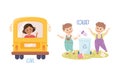 Little Boy and Girl Leaving in Bus and Collecting Garbage in Dustbin Demonstrating Vocabulary and Verb Studying Vector Royalty Free Stock Photo