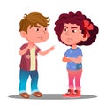 Little Boy And Girl Offended On Each Other Vector. Isolated Illustration