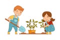 Little Boy and Girl in Overall Planting Seedling on Garden Bed Working on the Farm Vector Illustration Royalty Free Stock Photo