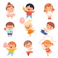 Little Boy and Girl with Overweight and Body Fat Eating and Engaged in Sportive Activity Vector Set Royalty Free Stock Photo