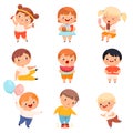 Little Boy and Girl with Overweight and Body Fat Eating and Engaged in Sportive Activity Vector Set Royalty Free Stock Photo