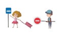 Little Boy and Girl Pedestrian Learning Road Sign and Traffic Rule Vector Set Royalty Free Stock Photo
