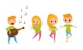 Little Boy and Girl Playing Guitar and Doing Yoga Vector Illustration Set