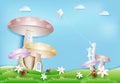 Little boy and girl playing the kite, mushroom house paper art Royalty Free Stock Photo