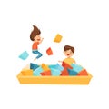 Little boy and girl playing in pool with soft paralon cubes. Children leisure. Fun activity. Flat vector design Royalty Free Stock Photo