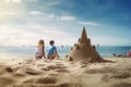 little boy and girl playing with sand castle on beach, generative AI Royalty Free Stock Photo