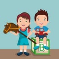 Little boy and girl playing with toys characters Royalty Free Stock Photo