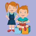 Little boy and girl playing with toys characters Royalty Free Stock Photo