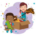 Little boy and girl playing with toys characters Royalty Free Stock Photo