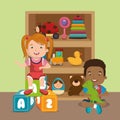 Little boy and girl playing with toys characters Royalty Free Stock Photo