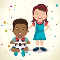 Little boy and girl playing with toys characters Royalty Free Stock Photo