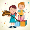 Little boy and girl playing with toys characters Royalty Free Stock Photo