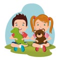 Little boy and girl playing with toys characters Royalty Free Stock Photo