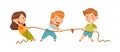 Little Boy and Girl Playing Tug of War or Rope Pulling Testing Strength Vector Illustration