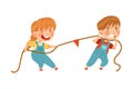 Little Boy and Girl Playing Tug of War or Rope Pulling Testing Strength Vector Illustration