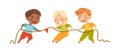 Little Boy and Girl Playing Tug of War or Rope Pulling Testing Strength Vector Illustration