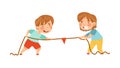 Little Boy and Girl Playing Tug of War or Rope Pulling Testing Strength Vector Illustration