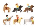 Little Boy and Girl with Pony Horse Riding and Care of It Vector Set Royalty Free Stock Photo