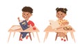 Little Boy and Girl Pupil Sitting at Table with Copybook and Paper Engaged in Elementary Education Vector Set Royalty Free Stock Photo