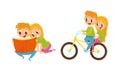 Little Boy and Girl Reading Book and Cycling Vector Illustration Set