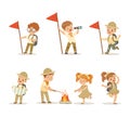 Little Boy and Girl Scouts with Backpack and Binoculars Engaged in Hiking and Camping Activity Vector Set