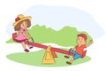 Little boy and girl on seesaw vector illustration. Kids games flat drawing. Happy children playing cartoon characters Royalty Free Stock Photo