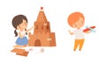 Little Boy and Girl Showing Handcrafted Paper Castle and Plane Vector Illustration Set