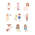 Little Boy and Girl Showing Senses Touching and Feeling Fear and Cold Vector Set