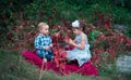 A little boy and a girl sit on a plate and play red autumn leaves Royalty Free Stock Photo