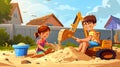 Little boy and girl sitting in sand box with toys playing with excavator and plastic bucket. Kids outdoor fun, summer Royalty Free Stock Photo