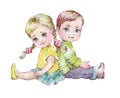 Little boy and girl sitting together watercolor illustration Royalty Free Stock Photo